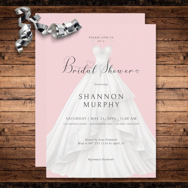 Invitación Moderno vestido Boda con ducha de novia rosa (Modern Wedding Dress on Pink Bridal Shower Invitation)