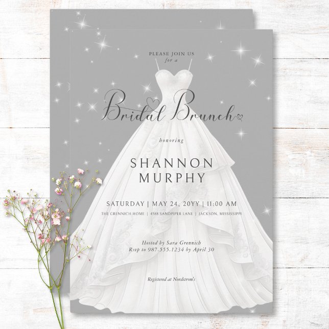 Invitación Moderno vestido de Boda con brunch de novias con e (Modern Wedding Dress on Gray Sparkle Bridal Brunch Invitation)