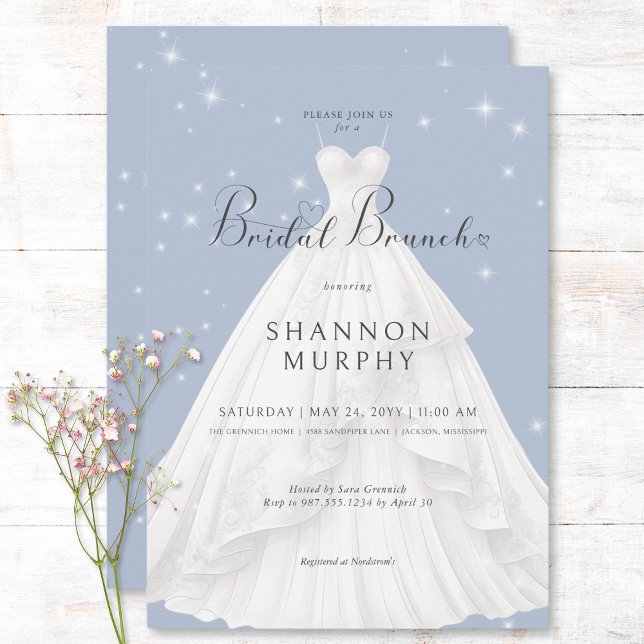 Invitación Moderno vestido de Boda en brunch de novia con esp (Modern Wedding Dress on Blue Sparkle Bridal Brunch Invitation)