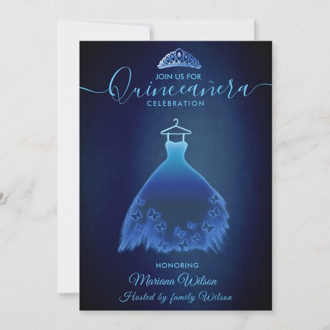 Invitación Moderno vestido de mariposa azul medianoche tiara  (Anverso)