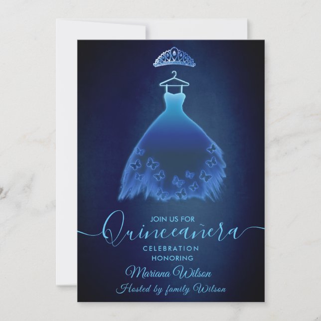 Invitación Moderno vestido de mariposa azul medianoche tiara  (Anverso)