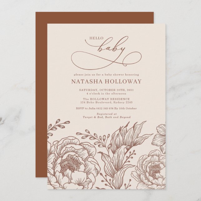 Invitación Moderno Vintage Floral Terracotta Baby Shower (Anverso / Reverso)
