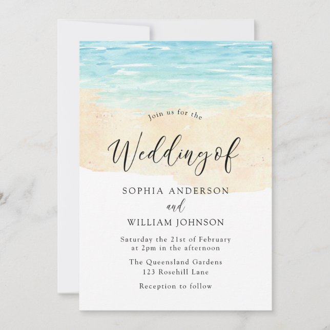 Invitación Moderno Water Sand Beach Watercolor Beach Wedding (Anverso)