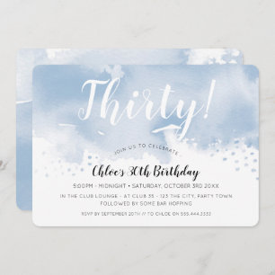 Invitación MODERNO WATERCOLOR 30 cumpleaños elegante azul