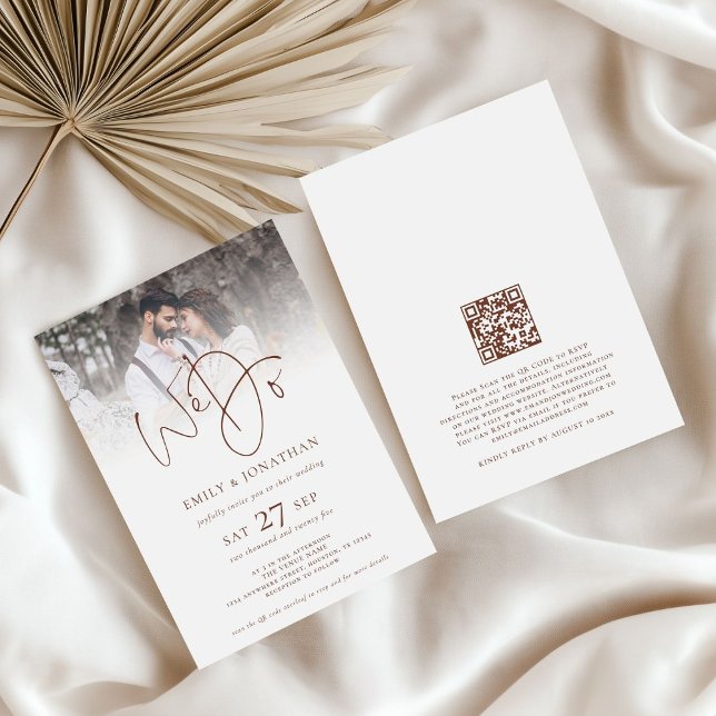 Invitación Moderno We Do Brown Text QR Code Photo Boda (front and back view)