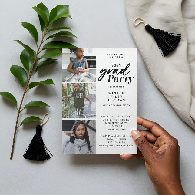 Invitación Moderno White Now y luego 3 Photo Graduation Party (Modern White Now & Then 3 Photo Graduation Party Invitation)