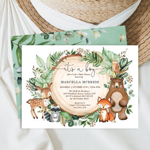 Invitación Moderno Woodland Greenery Animals Boy Baby Shower