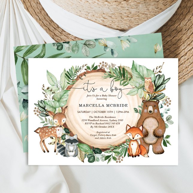 Invitación Moderno Woodland Greenery Animals Boy Baby Shower (Subido por el creador)