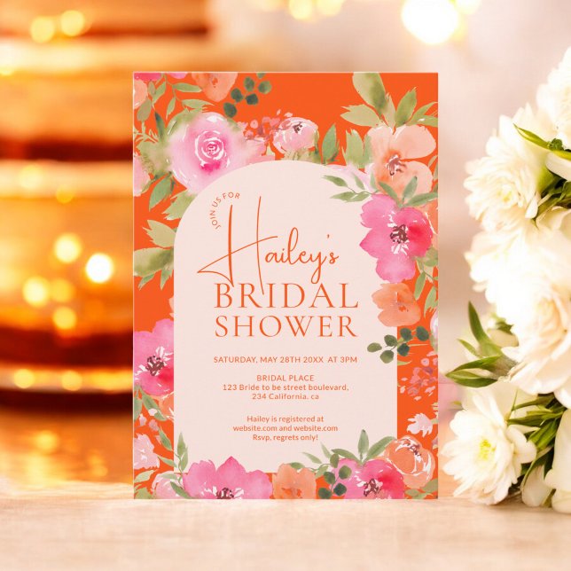 Invitación Moderno y brillante Naranja Floral Boho Bridal Sho (Bright Modern Floral Boho Orange Bridal Shower Invitation)