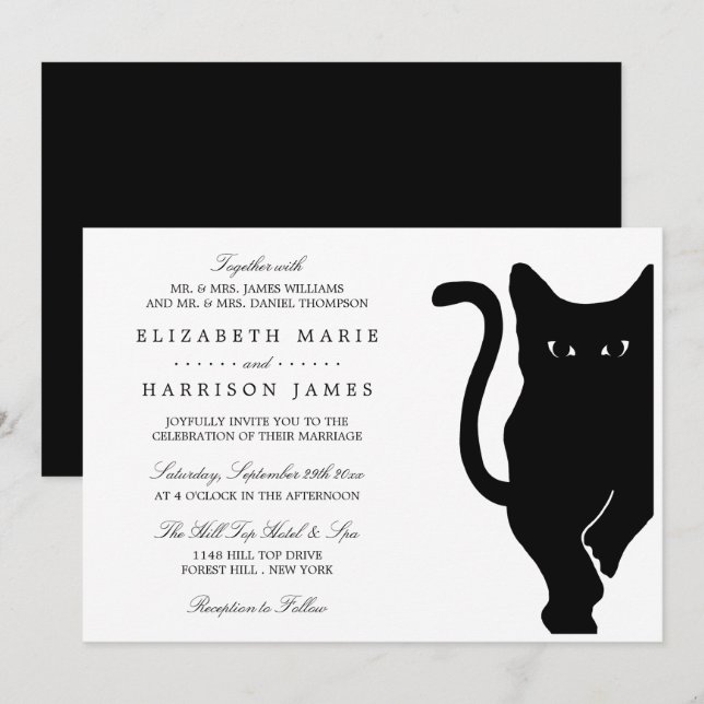 Invitación Moderno y capataz Boda negro de gato (Anverso / Reverso)