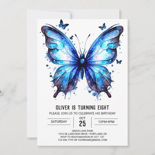 Invitación Moderno y caprichoso niño mariposa cumpleaños (Anverso)