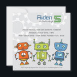 Invitación Moderno y colorido Robots Boys Robot Birthday Part<br><div class="desc">Tres lindos robots y mecanógrafos futuristas aparecen en la invitación a la fiesta de cumpleaños de este chico genial.  Decoración colorida en tonos rojos,  verdes y azules,  con un fondo gris claro acentuado con siluetas de engranajes.</div>