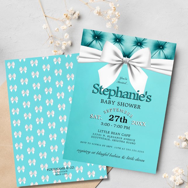 Invitación Moderno y elegante Aqua Blue Tiffany Baby Shower (elegant teal blue tiffany theme baby shower invitation with chic white bow and tufted satin graphics)
