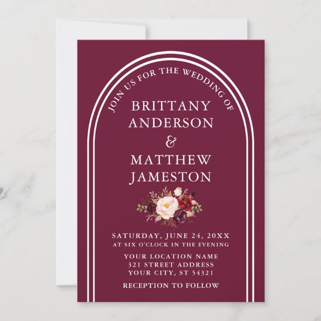 Invitación Moderno y elegante Arco Boda Borgoña Floral (Anverso)