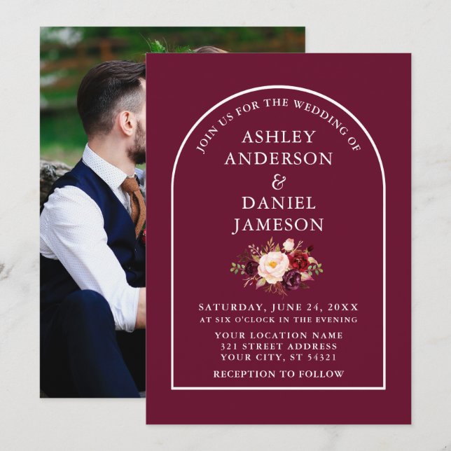 Invitación Moderno y elegante Arco Borgoña Boda de fotografía (Anverso / Reverso)