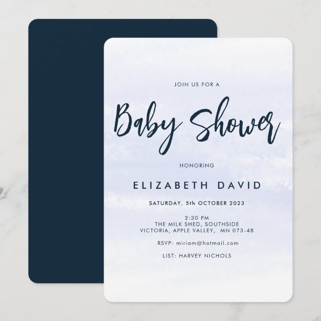 Invitación Moderno y elegante Baby Shower azul de la Marina (Anverso / Reverso)