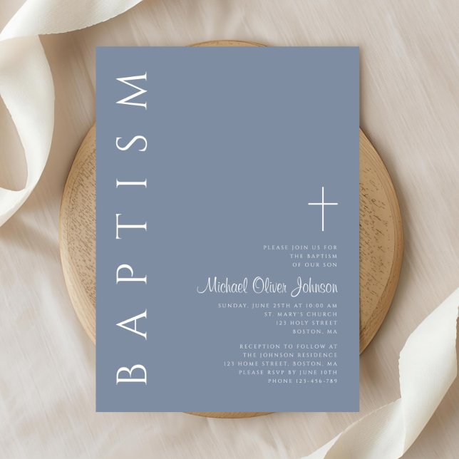 Invitación Moderno y elegante Baptismo de la Cruz Azul Dusty (Modern Elegant Dusty Blue Cross Baptism Invitation)