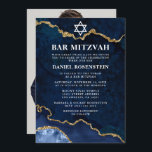 Invitación Moderno y elegante bar de mármol azul de oro Mitzv<br><div class="desc">Moderna y elegante acuarela azul y oro Agate Geode Bar Mitzvah Invitación - Foto de vuelta</div>