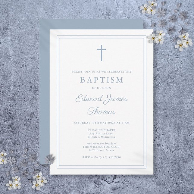 Invitación Moderno y elegante bautismo de borde azul turbio (Modern Elegant Dusty Blue Border Baptism Invitation)