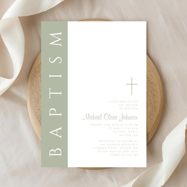 Invitación Moderno y elegante bautismo de cruz verde sabio (Modern Elegant Sage Green Cross Baptism Invitation)