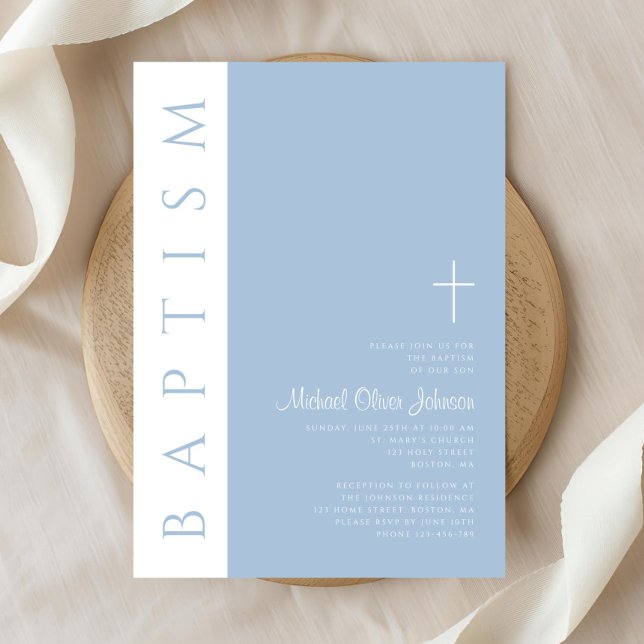 Invitación Moderno y elegante bautismo de travesía azul (Modern Elegant Blue Cross Boy Baptism Invitation)