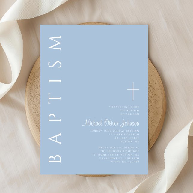 Invitación Moderno y elegante bautismo de travesía azul (Modern Elegant Blue Cross Boy Baptism Invitation)