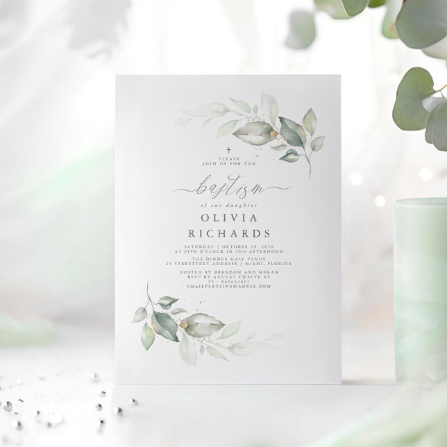Invitación Moderno y elegante bautismo de vegetación (Minimalist Greenery Elegant Baptism Invitations)