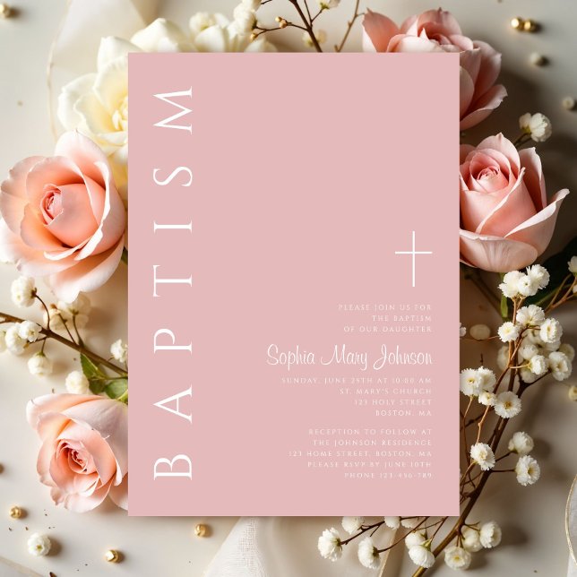 Invitación Moderno y elegante bautismo Rubor de cruz rosa Chi (Modern Elegant Blush Pink Cross Girl Baptism Invitation)