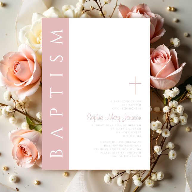 Invitación Moderno y elegante bautismo Rubor de cruz rosa Chi (Modern Elegant Blush Pink Cross Girl Baptism Invitation)