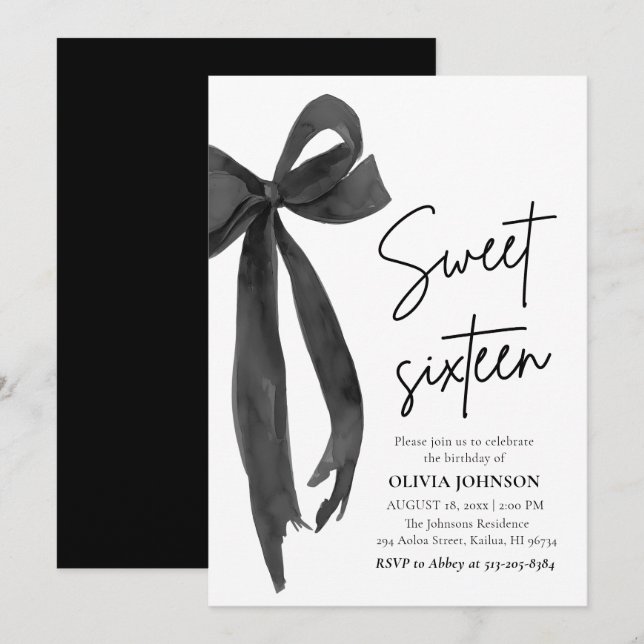 Invitación Moderno y elegante Black Bow Sweet 16 Birthday Par (Anverso / Reverso)