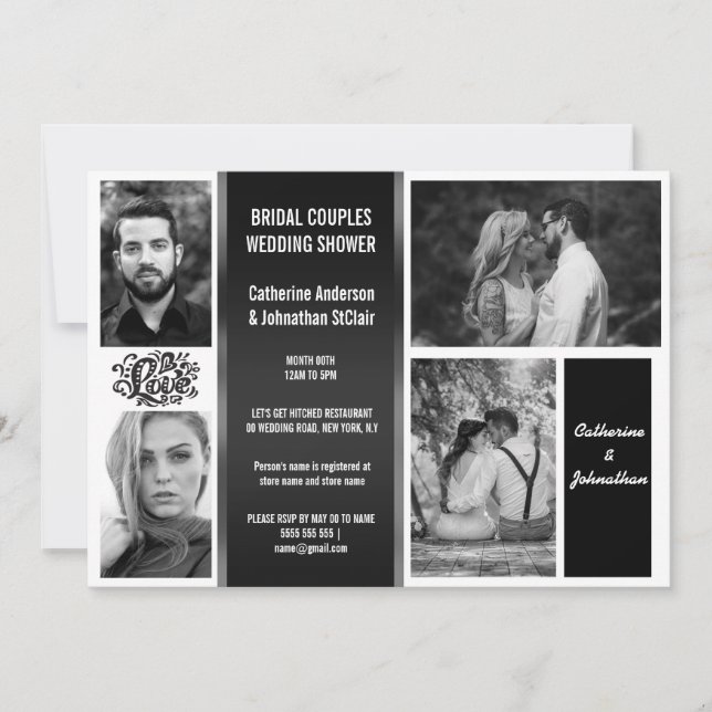 Invitación Moderno y elegante blanco negro 4 parejas de fotos (Anverso)