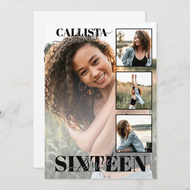 Invitación Moderno y elegante blanco negro cuatro foto dulce  (Anverso / Reverso)