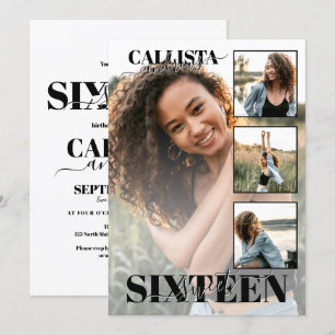 Invitación Moderno y elegante blanco negro cuatro foto dulce