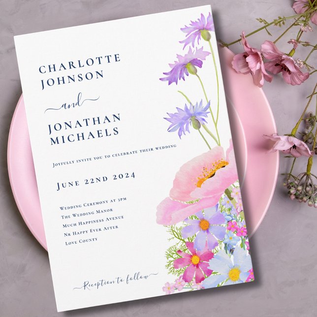 Invitación Moderno y elegante Boda de acuarela de flores silv (Elegant watercolor wildflower summer floral wedding invitation in pastel colors pink lilac blue)