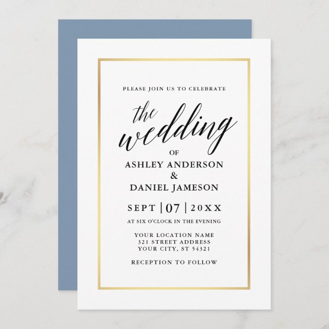Invitación Moderno y elegante Boda de caligrafía Dusty Blue G (Anverso / Reverso)