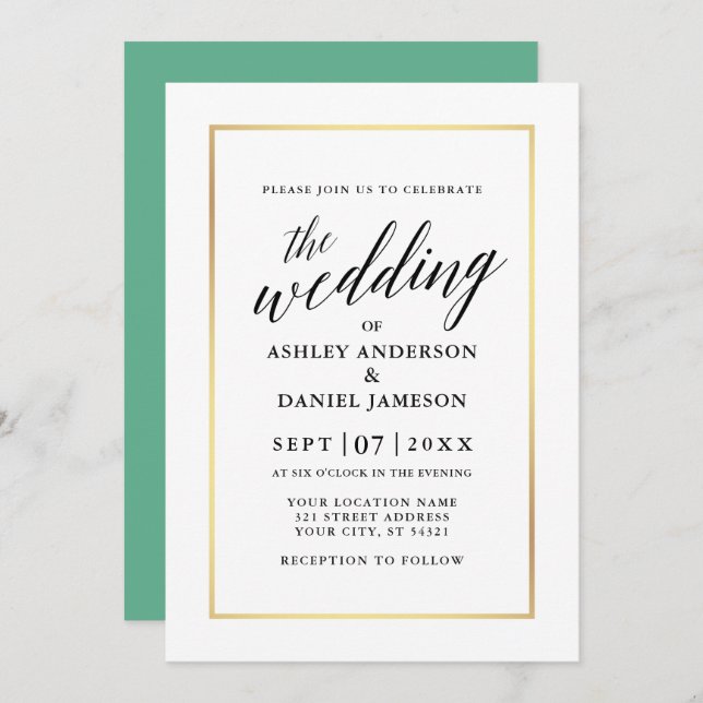 Invitación Moderno y elegante Boda de caligrafía Neo Mint Gol (Anverso / Reverso)