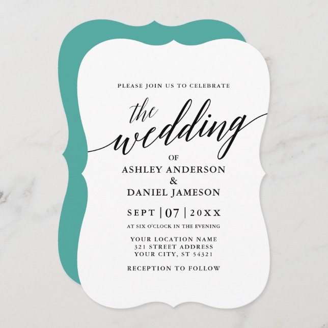 Invitación Moderno y elegante Boda de caligrafía Verde azulad (Anverso / Reverso)