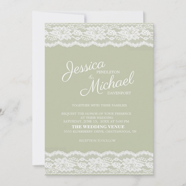Invitación Moderno y elegante Boda de encaje blanco verde sab (Anverso)
