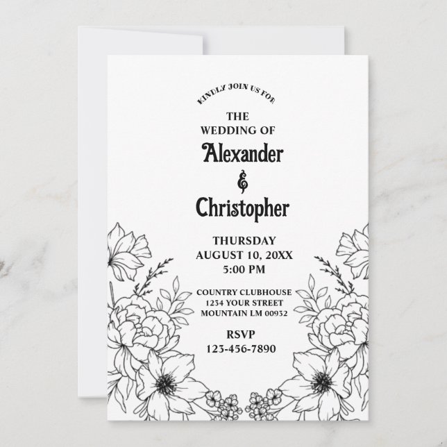 Invitación Moderno y elegante Boda de flores botánicas negras (Anverso)