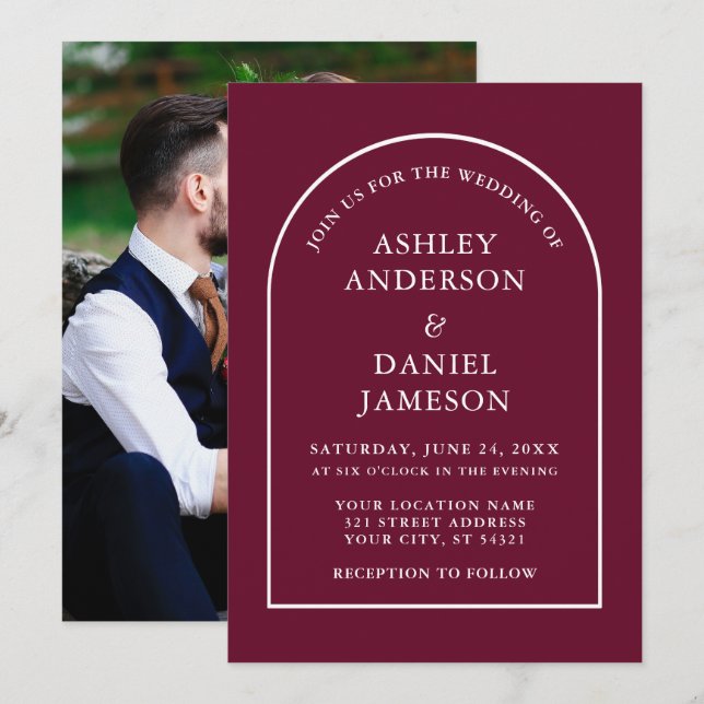 Invitación Moderno y elegante Boda de fotografía Arch Burgund (Anverso / Reverso)
