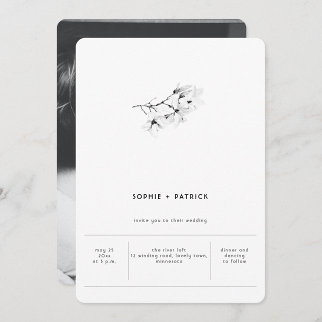 Invitación Moderno y elegante Boda de fotos de Magnolias Mini (Anverso / Reverso)