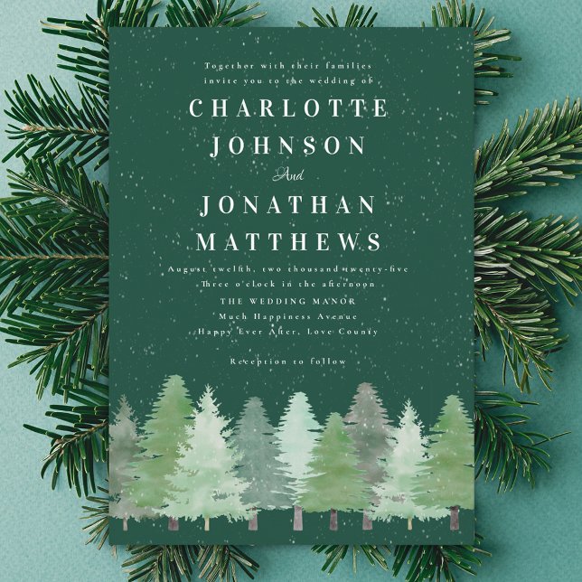 Invitación Moderno y elegante Boda de invierno Woodland Green (Modern Winter woodland green wedding invitation Minimalist watercolor fir tree pine forest snow )