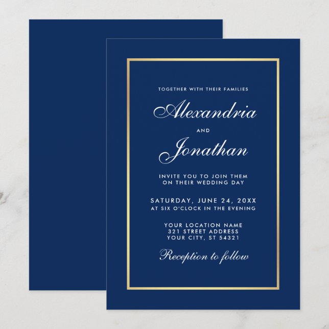 Invitación Moderno y elegante Boda de marco azul dorado (Anverso / Reverso)