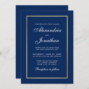 Invitación Moderno y elegante Boda de marco azul dorado