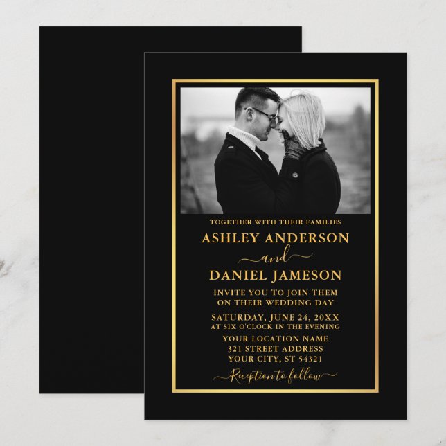 Invitación Moderno y elegante Boda de Oro BW Photo Gold (Anverso / Reverso)