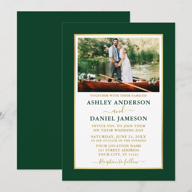 Invitación Moderno y elegante Boda de oro verde esmeralda (Anverso / Reverso)