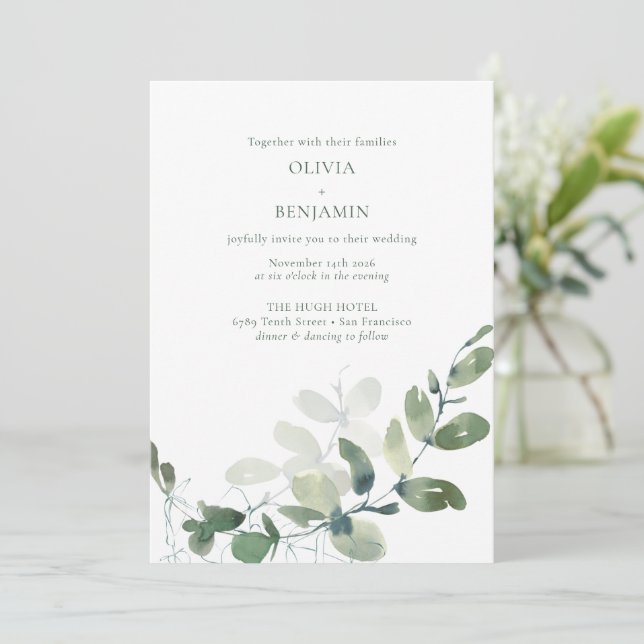 Invitación Moderno y elegante Boda del Eucalipto Verde Botáni (Anverso de pie)