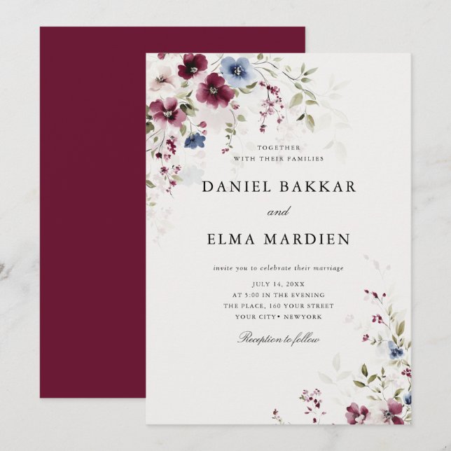 Invitación Moderno y elegante Boda floral de Borgoña (Anverso / Reverso)