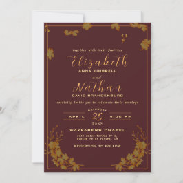 Invitación Moderno y elegante Boda floral de Borgoña y Oro