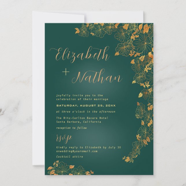 Invitación Moderno y elegante Boda floral de oro verde esmera (Anverso)